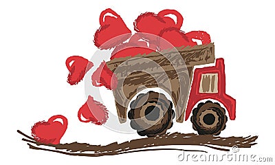 Rough textured drawing of a truck carrying a full truck body of hearts Vector Illustration