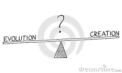 Rough Vector Cartoon Hand Drawing Evolution and Creation on Balance Scales. Religion Against Science. Evolutionism and Vector Illustration