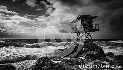 Rough wood lifeguard hut on tranquil coastline generated by AI Stock Photo