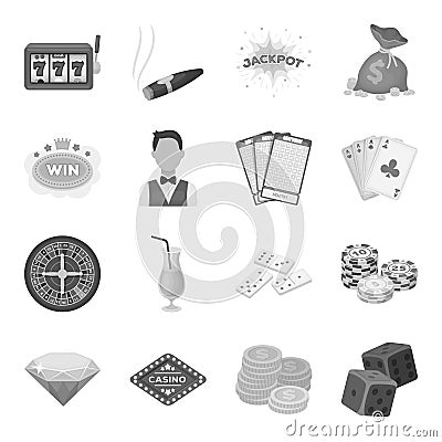 Roulette, cards, croupier, alcohol, and other attributes. Casino and gambling set collection icons in monochrome style Vector Illustration