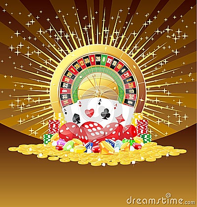 Roulette, cards, dices, chips, gemstones and golden coins background Vector Illustration