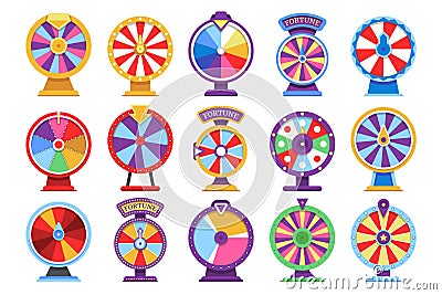 Roulette fortune spinning wheels flat icons casino money games - bankrupt or lucky vector elements Vector Illustration