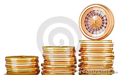 Roulette with stacks of growing gold coins. Casino and gambling concept. 3D rendering Stock Photo