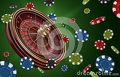 Roulette wheel banner. Gambling game with spin wheel and flying casino chips. Lucky chance game 3D vector Illustration Vector Illustration