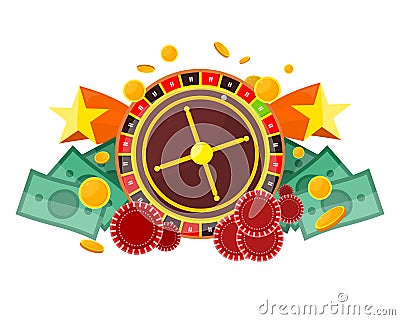 Roulette Wheel, Coin Dice Money Chip Star Isolated Vector Illustration