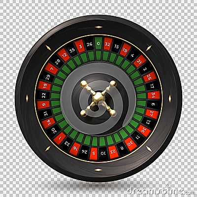 Roulette wheel. 3D realistic casino spin. Gambling equipment, spin circle with red and black cells determines winner on Vector Illustration