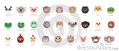 Round Animals Set Cute portraits cartoon illustration flat vector dog, cat, snake, frog, chicken, cow, hen, wolf penguin Vector Illustration