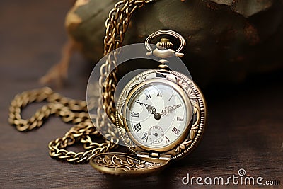 Round antique gold pocket watch with an open lid next to an ancient suitcase, valise. passing time. Collecting antiques Stock Photo