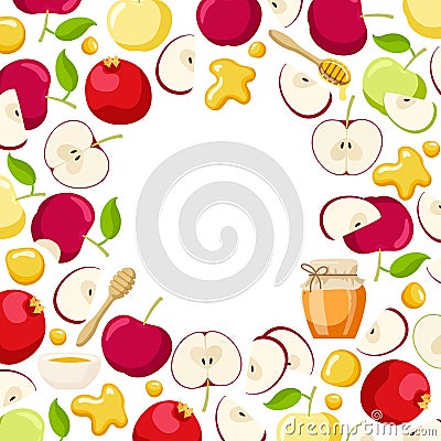 Round apple, pomegranate fruit and honey frame. Jewish New Year Holiday. Shana Tova Wreath isolate on white for card Vector Illustration