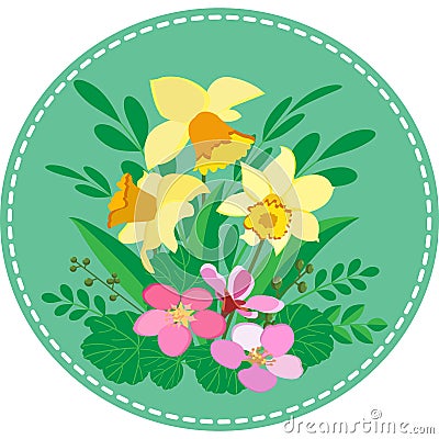 Round-applique with Bush of spring flowers, leaves and blades of grass, and yellow daffodils Vector Illustration