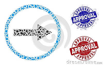 Right Rounded Arrow Mosaic of Debris with Approval Grunge Stamps Vector Illustration