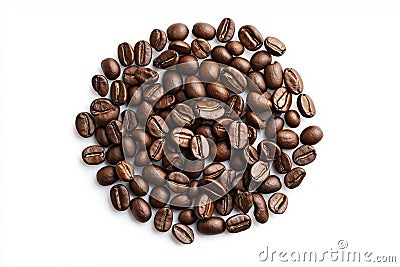 Round arrangement of 20 brown coffee beans in circular pattern. Beans overlap, creating depth and dimension. isolated transparent Stock Photo