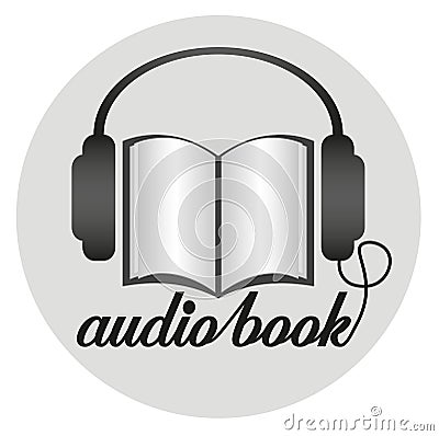 Round audio book icon with earphones and paper book Vector Illustration