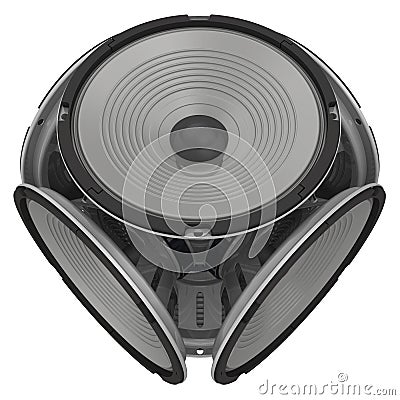 Round audio speakers arranged in the shape of a cube Stock Photo