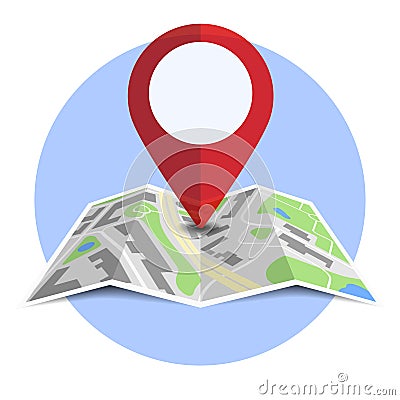 Round badge with generic folded map with location pin and shadow Vector Illustration
