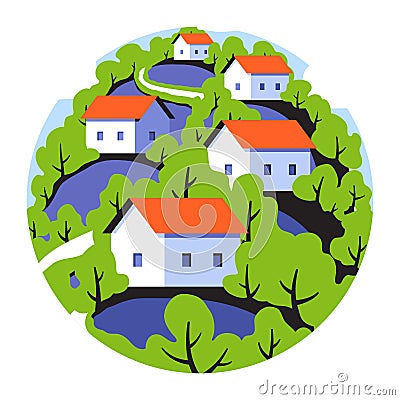Round badge with rural landscape with cute small houses Vector Illustration