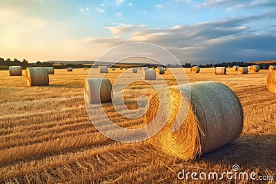 Round bales of straw rolled up on field against blue sky, autumnal harvest scenery. Generative AI Stock Photo