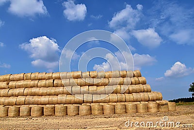 Round bales of straw straightened into a pyramid shape. Stock Photo