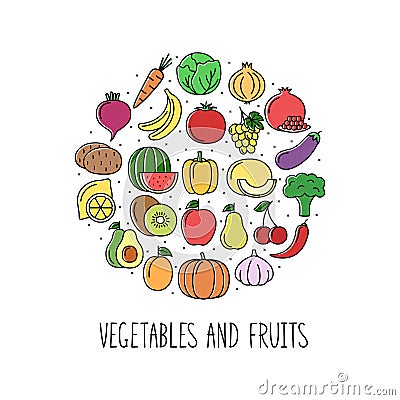 Round banner with color vegetables, fruits and berries icons. Design for market and store, vector illustration Vector Illustration