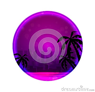 Round banner with Evening illustration of a city beach with palm trees and neon circles Vector Illustration