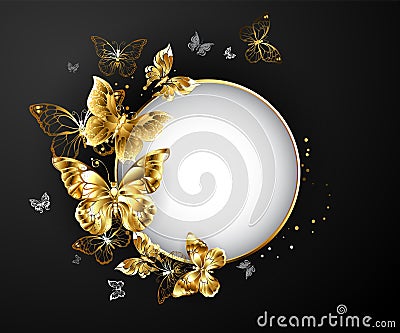 Round banner with gold butterflies Vector Illustration