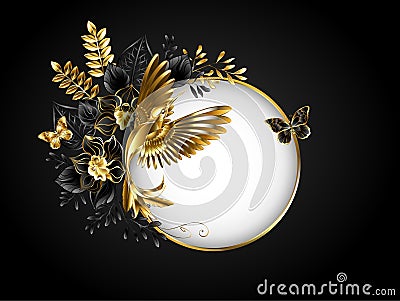 Round banner with golden hummingbird Vector Illustration