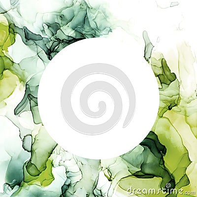 Round banner, green shades watercolor background, wet liquid Stock Photo