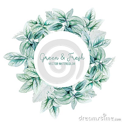 Round banner with hand drawn watercolor lamb ear leaves Vector Illustration