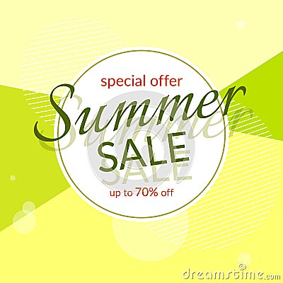 Round banner Summer sale special discount 70% off on a modern geometric background Summer bright colors Design template Vector Illustration