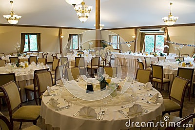 Round banquet tables Stock Photo