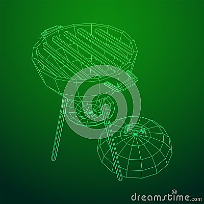Round barbecue grill. Outdoor bbq party. Wireframe low poly Vector Illustration