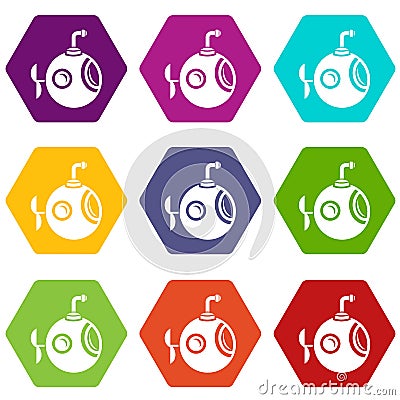 Round bathyscaphe icons set 9 vector Vector Illustration