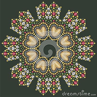 Round beautiful jewelry, medallion, brooch, decoration on neck, mandala, applique rhinestones. Vector Illustration