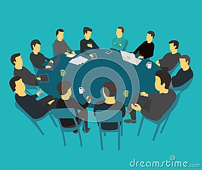 Round big table talks brainstorm. Team business people meeting conference many people. Blue background stock Vector Illustration