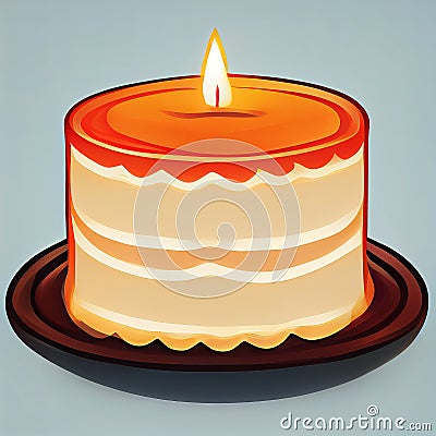 Round birthday cake with a candle. Holiday greeting card. Flat illustration. AI-generated Cartoon Illustration