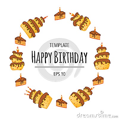 Round Birthday frame for your text with cakes. Cartoon style. Vector. Vector Illustration