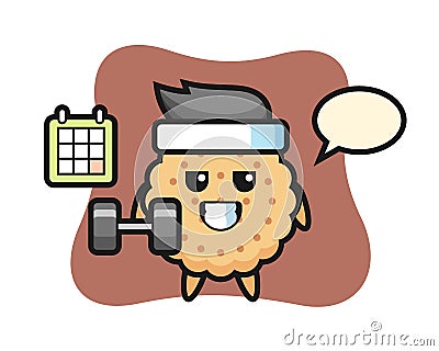 Round Biscuits Mascot Cartoon doing fitness with dumbbell Stock Photo