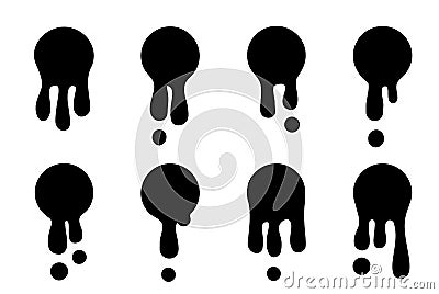 Round Black Current Paint Drips or Circle Stains Collection Isolated Vector Illustration