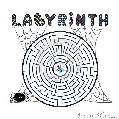 Round black labyrinth with spider, fly and web on white background. Children s maze. Game for kids. Children s puzzle for hallowee Vector Illustration