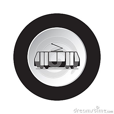 Round black, white button icon - tram, streetcar Vector Illustration