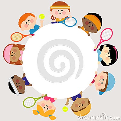 Round blank banner and children tennis players. Vector illustration Vector Illustration