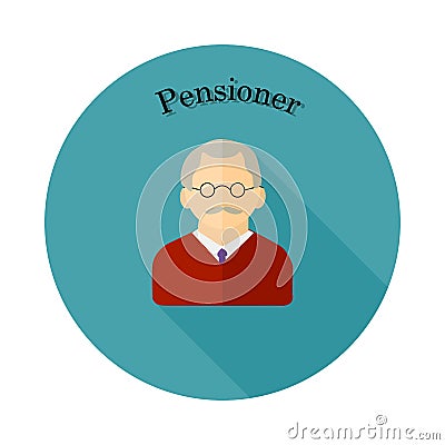 Round blue badge in a flat style, elderly pensioner with glasses Vector Illustration