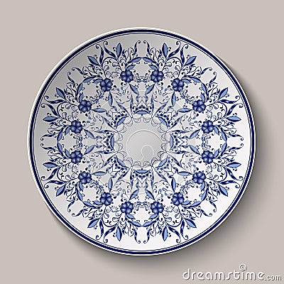 Round blue delicate floral pattern. Chinese style painting on porcelain. The ornament shown on the ceramic platter. Vector Illustration