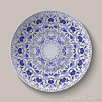 Round blue floral ornament Gzhel style. Pattern shown on the ceramic plate. Vector Illustration