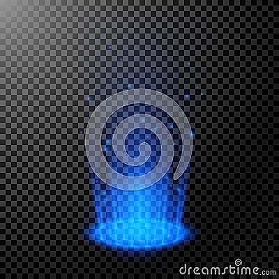 Round blue glow rays. Night scene with sparks. Magic fantasy portal. Empty light effect podium. Futuristic teleport. Vector Vector Illustration