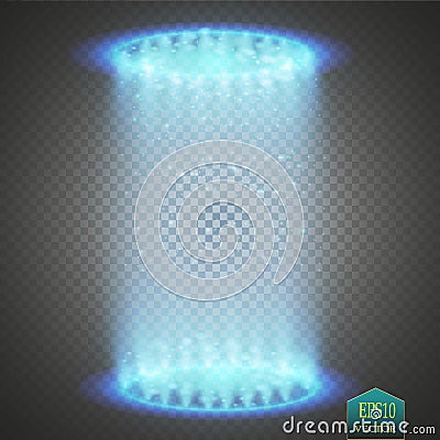 Round blue glow rays night scene with sparks on transparent background. Empty light effect podium. Disco club dance Vector Illustration