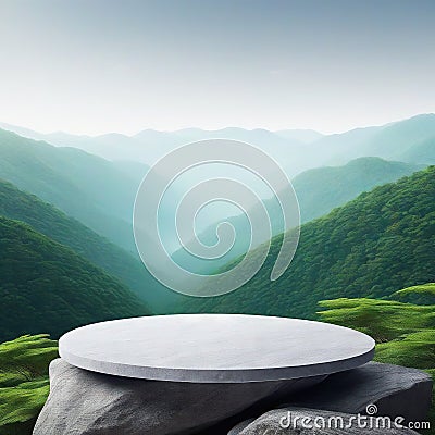 Round bluish stone podium on rock platform flat rock pedestal for product green forest and blue horizon on the scenery soft daily Cartoon Illustration