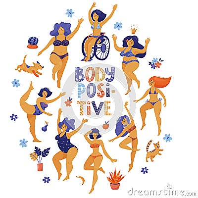 Round body positive banner with dancing girls Vector Illustration
