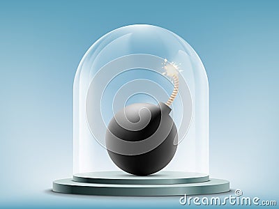 Round bomb with a wick under a glass dome. Cold war and disarmament Vector Illustration