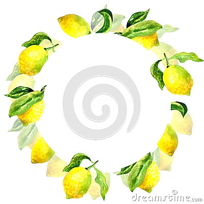 Round botanical frame with lemons and leaves. Watercolor hand drawn illustration Stock Photo